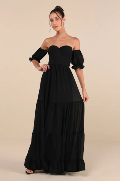 Lulus Exceptionally Gorgeous Black Chiffon Off-the-shoulder Maxi Dress