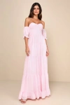 LULUS EXCEPTIONALLY GORGEOUS BLUSH CHIFFON OFF-THE-SHOULDER MAXI DRESS