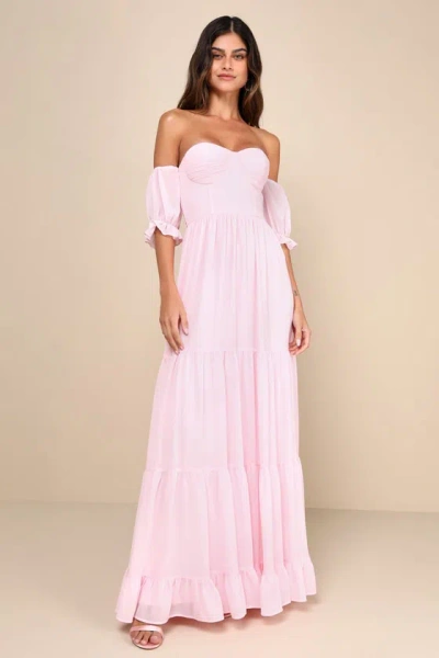 Lulus Exceptionally Gorgeous Blush Chiffon Off-the-shoulder Maxi Dress In Pink