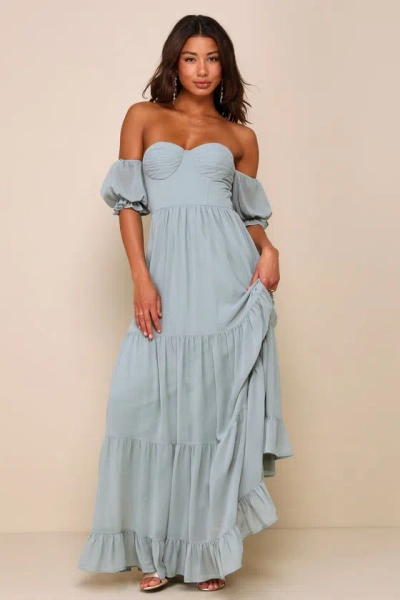 Lulus Exceptionally Gorgeous Sage Chiffon Off-the-shoulder Maxi Dress In Green