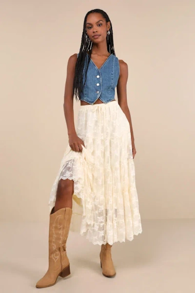 Lulus Exceptionally Graceful Cream Lace High-rise Tiered Midi Skirt In White
