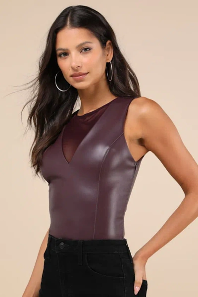 Lulus Exceptionally Impressive Plum Vegan Leather Sleeveless Bodysuit In Purple