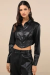 Lulus Exceptionally Intriguing Black Vegan Leather Button-front Top In Black