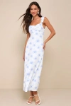 Lulus Exceptionally Lovely White And Blue Floral Ruffled Midi Dress In White And Blue