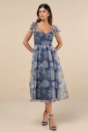 Lulus Exceptionally Marvelous Blue Floral Organza Bustier Midi Dress In Blue