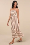 Lulus Exceptionally Pristine Brown And Cream Striped Cutout Midi Dress In Brown
