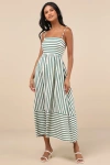 Lulus Exceptionally Pristine Green And Cream Striped Cutout Midi Dress In Green