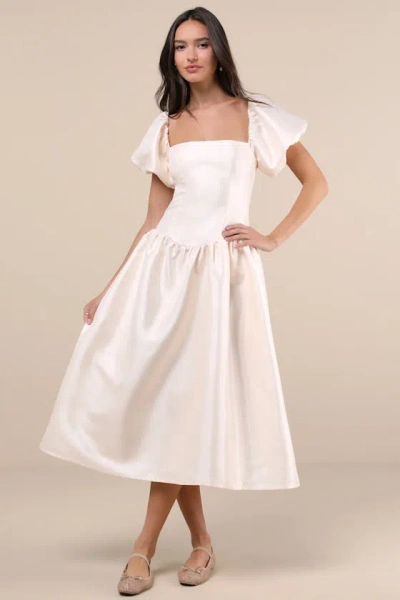 Lulus Exclusive Charm Cream Taffeta Puff Sleeve Midi Dress In White