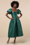 Lulus Exclusive Charm Emerald Green Taffeta Puff Sleeve Midi Dress In Emerald Green