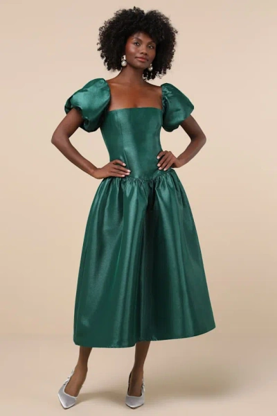 Lulus Exclusive Charm Emerald Green Taffeta Puff Sleeve Midi Dress