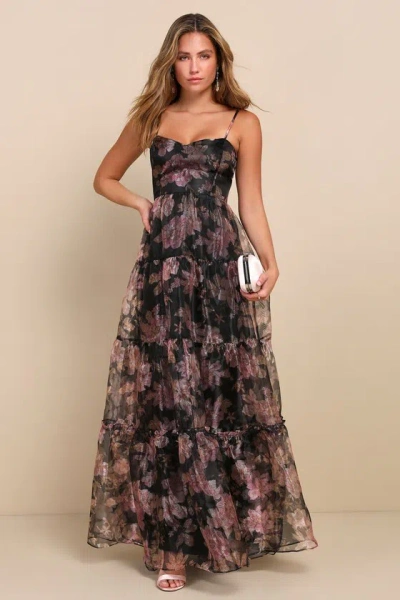 Lulus Exclusive Glamour Black Floral Organza Tiered Maxi Dress