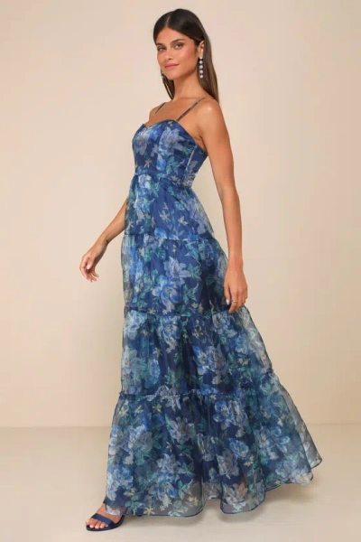 Lulus Exclusive Glamour Blue Floral Organza Tiered Maxi Dress