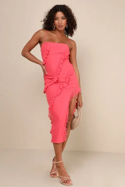 Lulus Exclusive Perfection Coral Pink Mesh Ruffled Midi Dress