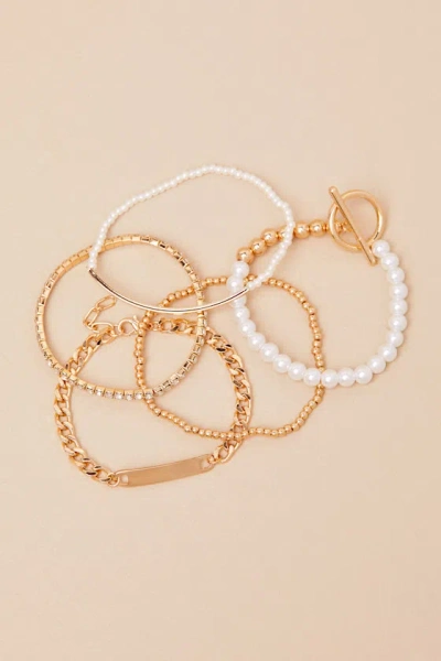 Lulus Exclusive Shine Gold And White Five-piece Bracelet Set