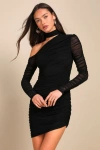 Lulus Exclusively Alluring Black Mesh Ruched Cutout Mini Dress In Black