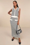 Lulus Exemplary Chicness Ivory Striped Sweater Knit Midi Skirt In Ivory