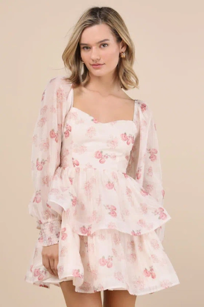 Lulus Exemplary Darling Blush Pink Floral Organza Tiered Mini Dress
