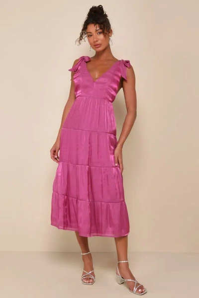 Lulus Exemplary Shine Magenta Organza Tie-strap Tiered Midi Dress