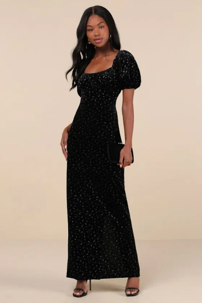 Lulus Expert Charm Black Ditsy Floral Velvet Puff Sleeve Maxi Dress