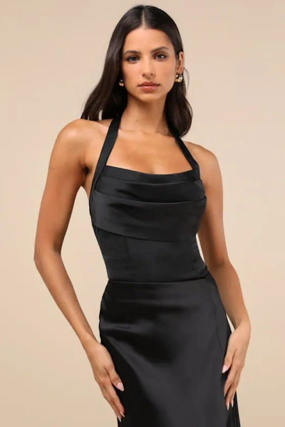 Lulus Expertly Chic Black Satin Pleated Halter Bodysuit