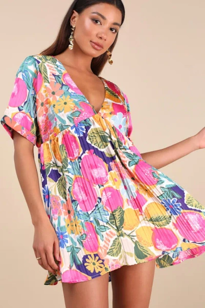 Lulus Express Yourself Pink Multi Floral Print Satin Babydoll Dress