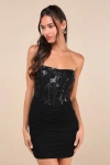 Lulus Exquisite Allure Black Mesh Sequin Strapless Bustier Mini Dress In Black