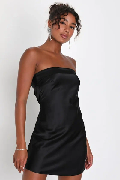 Lulus Exquisite Approach Black Satin Strapless Cowl Back Mini Dress