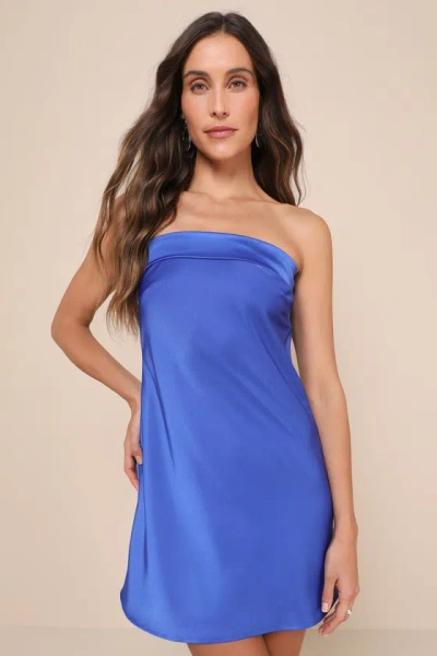Lulus Exquisite Approach Blue Satin Strapless Cowl Back Mini Dress