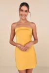 Lulus Exquisite Approach Marigold Satin Cowl Back Mini Dress In Yellow