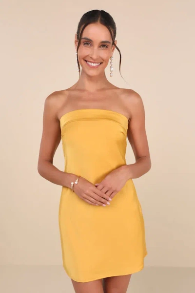 Lulus Exquisite Approach Marigold Satin Cowl Back Mini Dress In Yellow