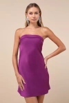 Lulus Exquisite Approach Purple Satin Strapless Cowl Back Mini Dress In Purple