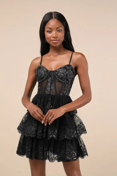 Lulus Exquisite Drama Black Embroidered Sequin Tiered Mini Dress
