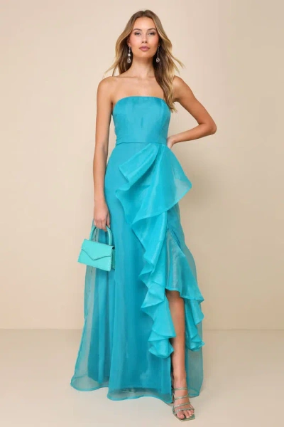 Lulus Exquisite Ease Teal Green Organza Strapless Ruffled Maxi Dress