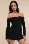 Lulus Exquisite Energy Black Off-the-shoulder Skort Romper In Black