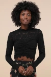 Lulus Exquisite Essential Black Fuzzy Lace Ruched Long Sleeve Top In Black