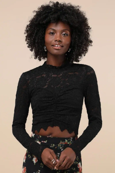 Lulus Exquisite Essential Black Fuzzy Lace Ruched Long Sleeve Top