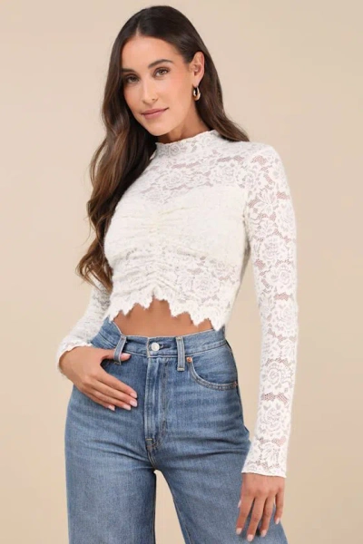 Lulus Exquisite Essential Ivory Fuzzy Lace Ruched Long Sleeve Top