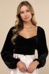 Lulus Exquisite Expectation Black Velvet Tie-back Balloon Sleeve Top In Black