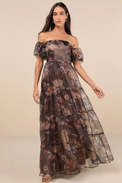 Lulus Exquisite Finesse Brown Floral Organza Maxi Dress With Pockets