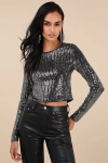 Lulus Exquisite Glow Black And Silver Sequin Tie-back Top In Black And Silver
