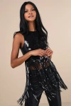 Lulus Exquisite Marvel Black Sequin Fringe Tank Top In Black