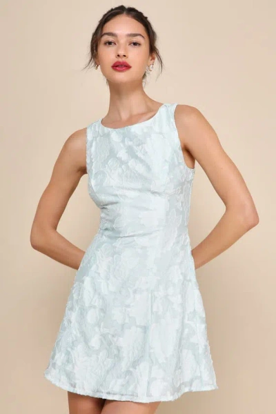 Lulus Exquisite Moments Mint Floral Jacquard Sleeveless Mini Dress In Blue