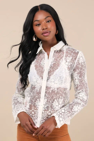 Lulus Exquisite Nature Cream Sheer Embroidered Button-up Top In White