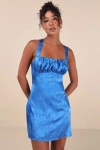 Lulus Exquisite Outlook Blue Floral Jacquard Satin Lace-up Mini Dress In Blue