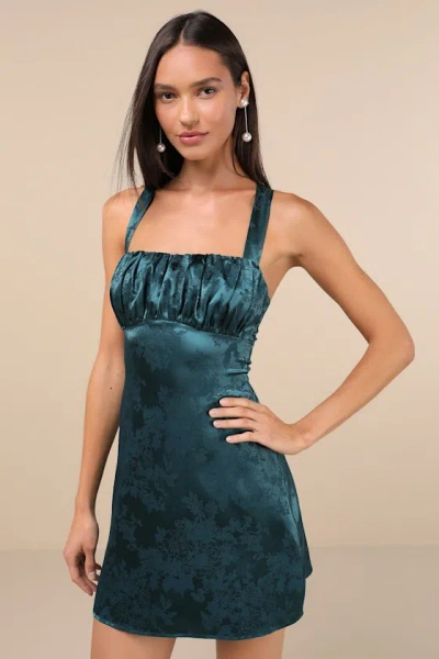 Lulus Exquisite Outlook Teal Floral Jacquard Satin Lace-up Mini Dress
