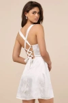 Lulus Exquisite Outlook White Floral Jacquard Satin Lace-up Mini Dress In White