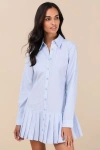 Lulus Exquisite Poise Light Blue Striped Collared Mini Dress In Light Blue