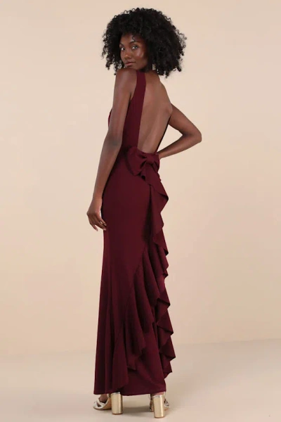 Lulus Exquisite Refinement Plum Purple Backless Bow Ruffled Maxi Dress