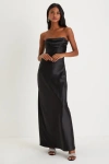 Lulus Exquisite Shine Black Satin Rhinestone Strapless Maxi Dress In Black