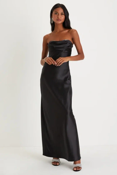 Lulus Exquisite Shine Black Satin Rhinestone Strapless Maxi Dress